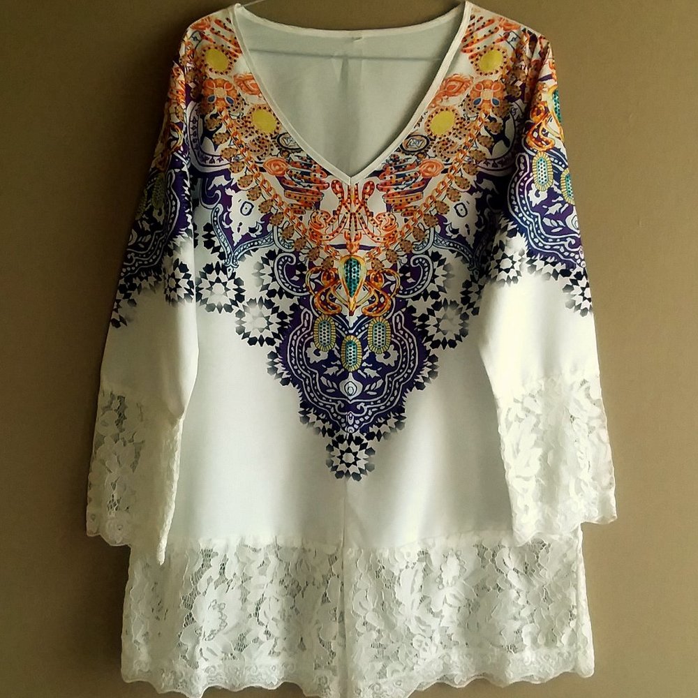 Women's White Long Sleeve Tunic with Vibrant Design and Lace Bottom---Medium